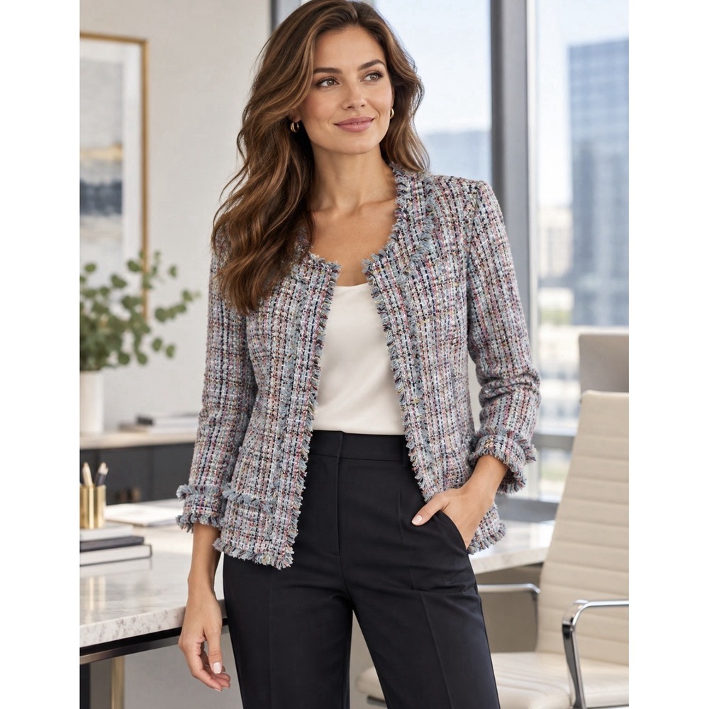 Boston Proper Tweed Jacket Blazer Sz 12 Fringed blue/multicolor
